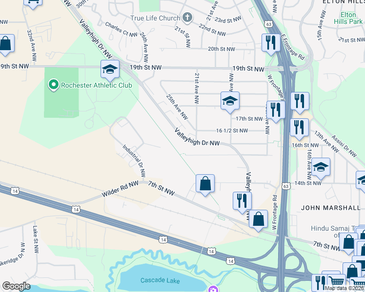 map of restaurants, bars, coffee shops, grocery stores, and more near 2120 Valleyhigh Drive Northwest in Rochester