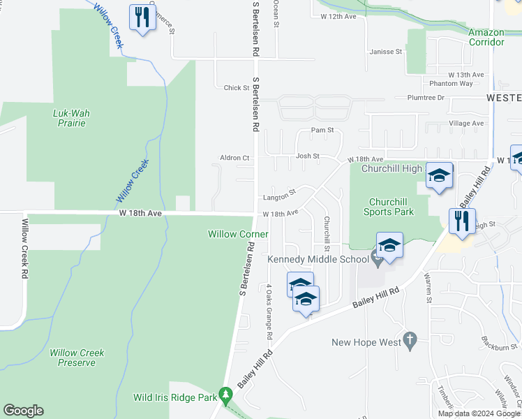 map of restaurants, bars, coffee shops, grocery stores, and more near 4095 West 18th Avenue in Eugene