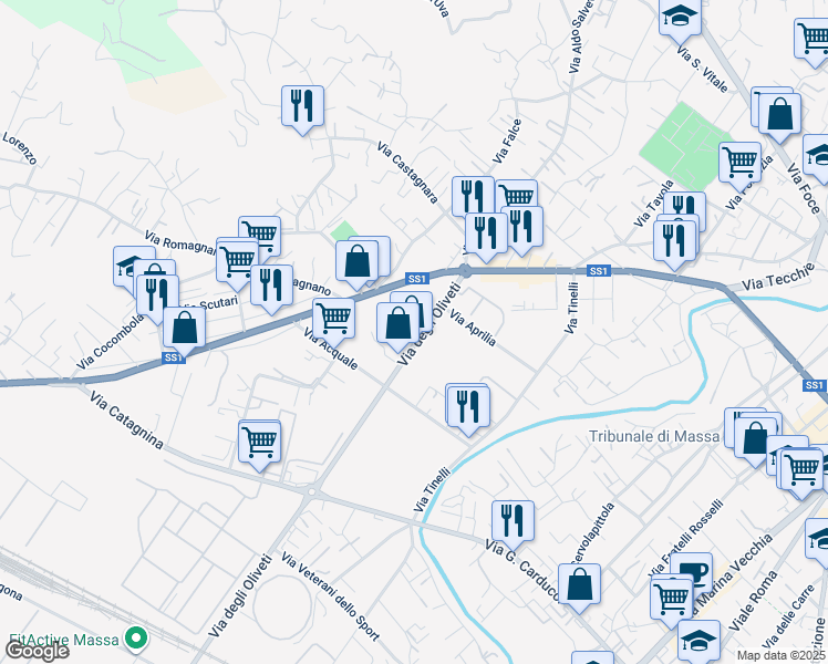 map of restaurants, bars, coffee shops, grocery stores, and more near 10 Via degli Oliveti in Massa