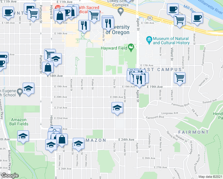 map of restaurants, bars, coffee shops, grocery stores, and more near 1930 Onyx Street in Eugene