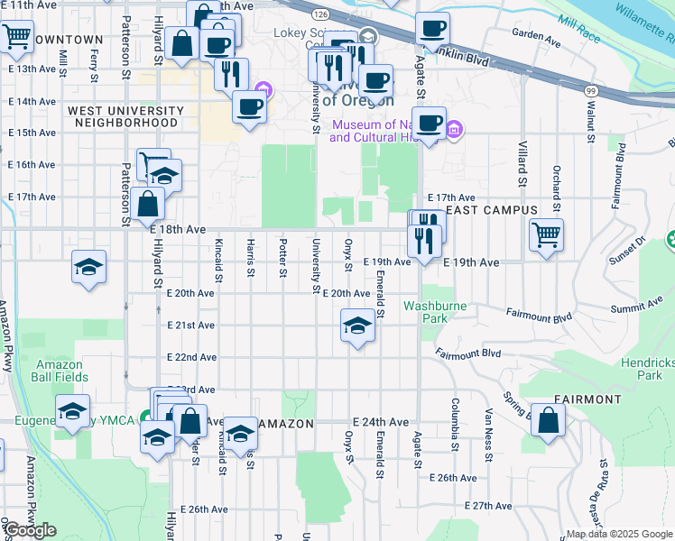 map of restaurants, bars, coffee shops, grocery stores, and more near 1930 Onyx Street in Eugene
