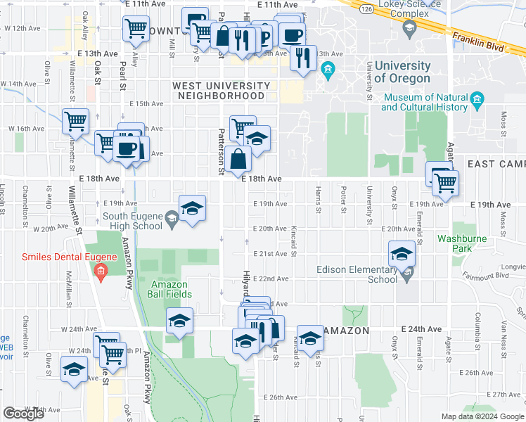 map of restaurants, bars, coffee shops, grocery stores, and more near 746 East 19th Avenue in Eugene