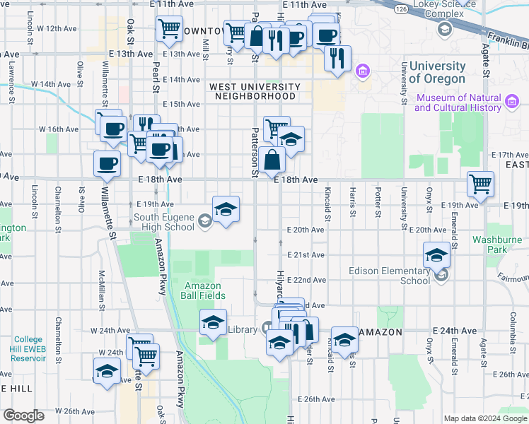 map of restaurants, bars, coffee shops, grocery stores, and more near 1942 Hilyard Street in Eugene