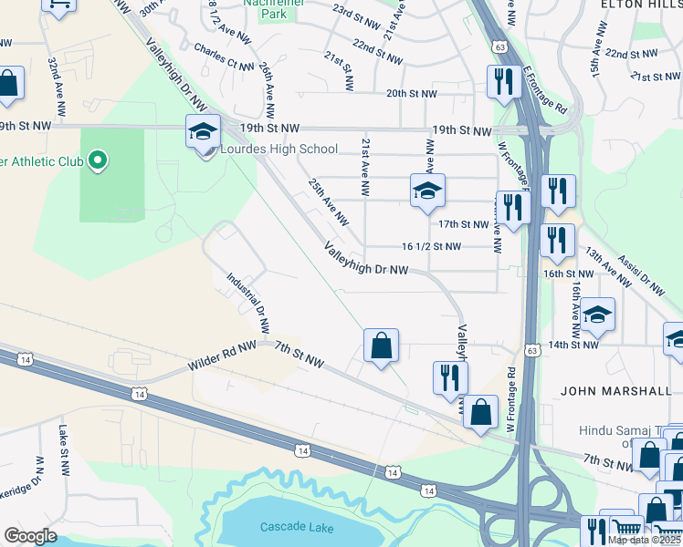 map of restaurants, bars, coffee shops, grocery stores, and more near 2120 Valleyhigh Drive Northwest in Rochester