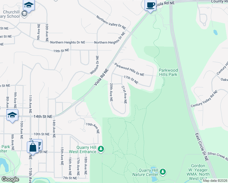 map of restaurants, bars, coffee shops, grocery stores, and more near 1503 20th Avenue Northeast in Rochester