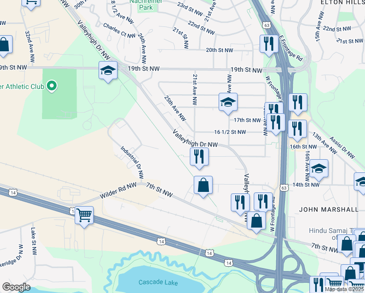 map of restaurants, bars, coffee shops, grocery stores, and more near 2114 Valleyhigh Drive Northwest in Rochester