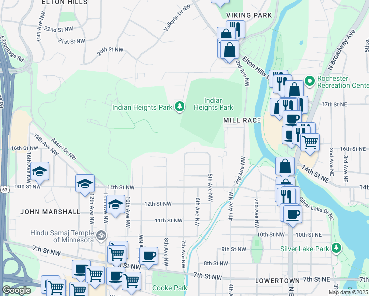 map of restaurants, bars, coffee shops, grocery stores, and more near 617 17th Street Northwest in Rochester