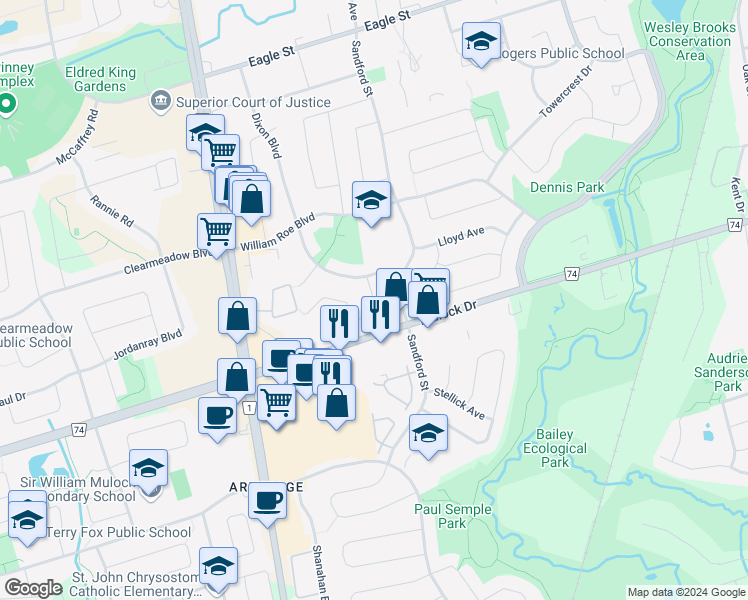 map of restaurants, bars, coffee shops, grocery stores, and more near Armitage Drive in Newmarket