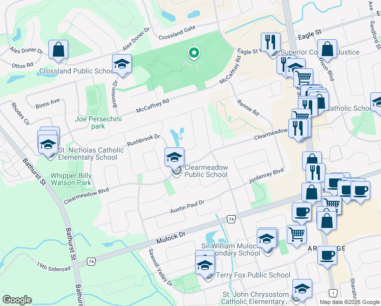 map of restaurants, bars, coffee shops, grocery stores, and more near 465 Bartholomew Drive in Newmarket