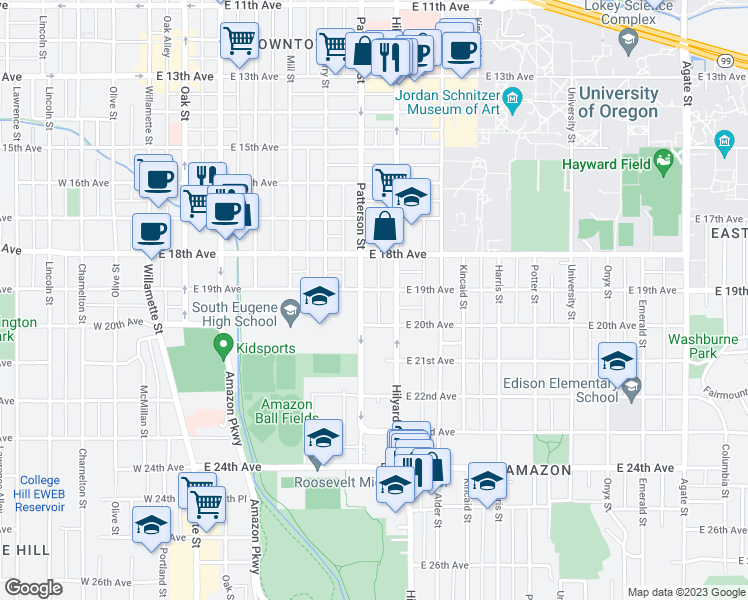 map of restaurants, bars, coffee shops, grocery stores, and more near 614 E 19th Ave in Eugene