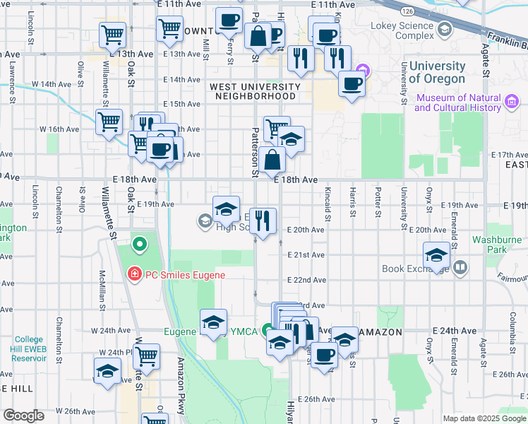 map of restaurants, bars, coffee shops, grocery stores, and more near 1942 Hilyard Street in Eugene