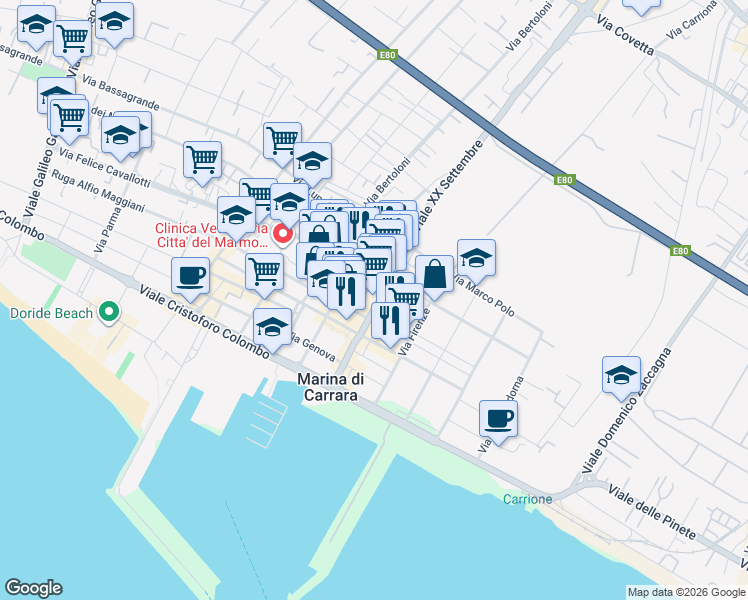 map of restaurants, bars, coffee shops, grocery stores, and more near 2/A Viale XX Settembre in Carrara