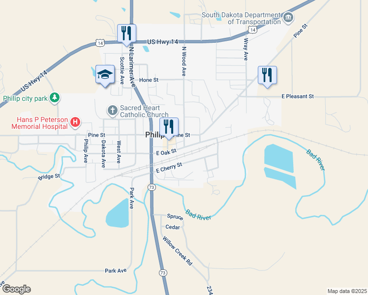 map of restaurants, bars, coffee shops, grocery stores, and more near East Oak Street in Philip