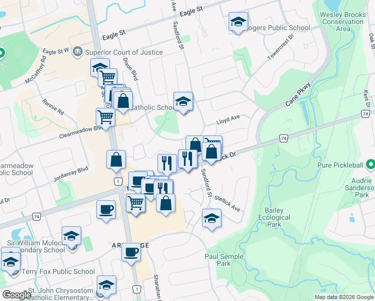 map of restaurants, bars, coffee shops, grocery stores, and more near 142 Armitage Drive in Newmarket