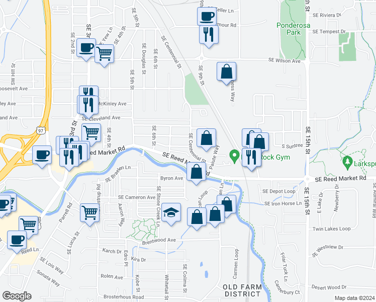 map of restaurants, bars, coffee shops, grocery stores, and more near 687 Southeast Glencoe Place in Bend