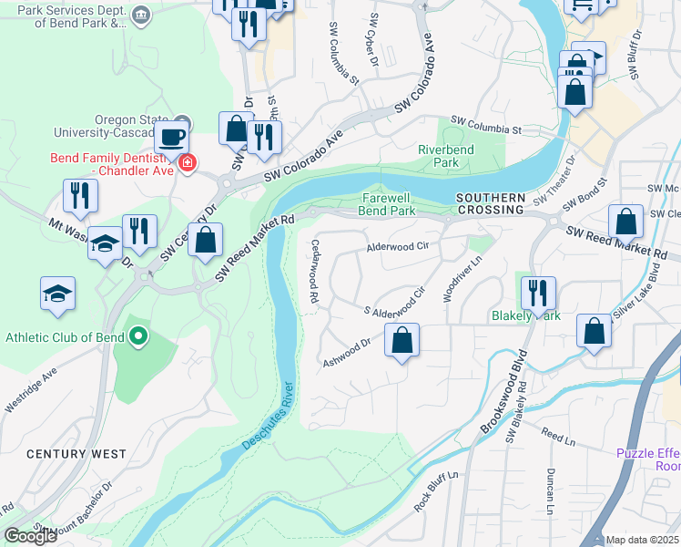 map of restaurants, bars, coffee shops, grocery stores, and more near 61640 Cedarwood Road in Bend