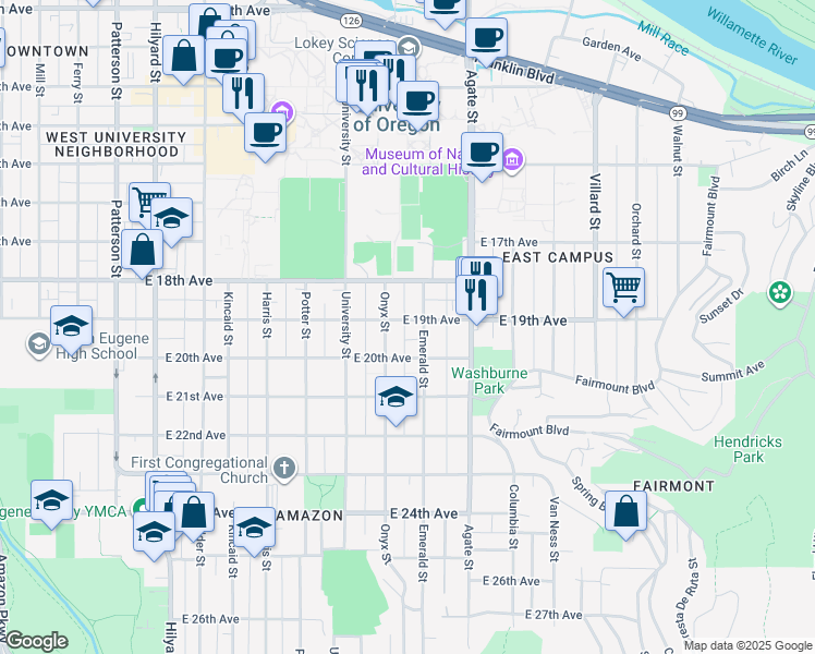 map of restaurants, bars, coffee shops, grocery stores, and more near 1942 Emerald Street in Eugene