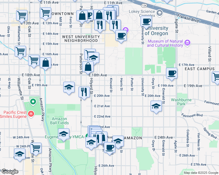 map of restaurants, bars, coffee shops, grocery stores, and more near 885 East 19th Avenue in Eugene