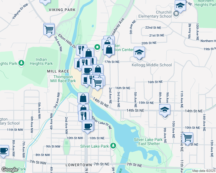 map of restaurants, bars, coffee shops, grocery stores, and more near 1541 2nd Avenue Northeast in Rochester