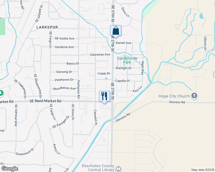 map of restaurants, bars, coffee shops, grocery stores, and more near 61633 Southeast 27th Street in Bend