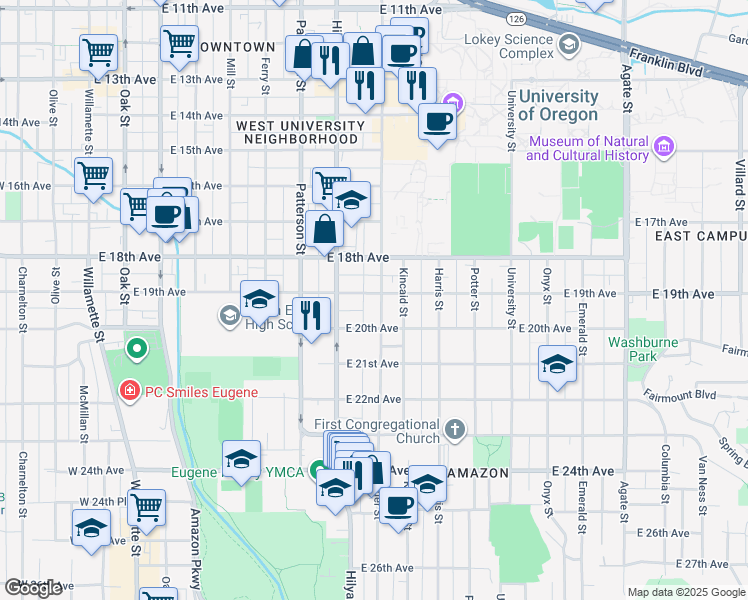 map of restaurants, bars, coffee shops, grocery stores, and more near 1912 Alder Street in Eugene