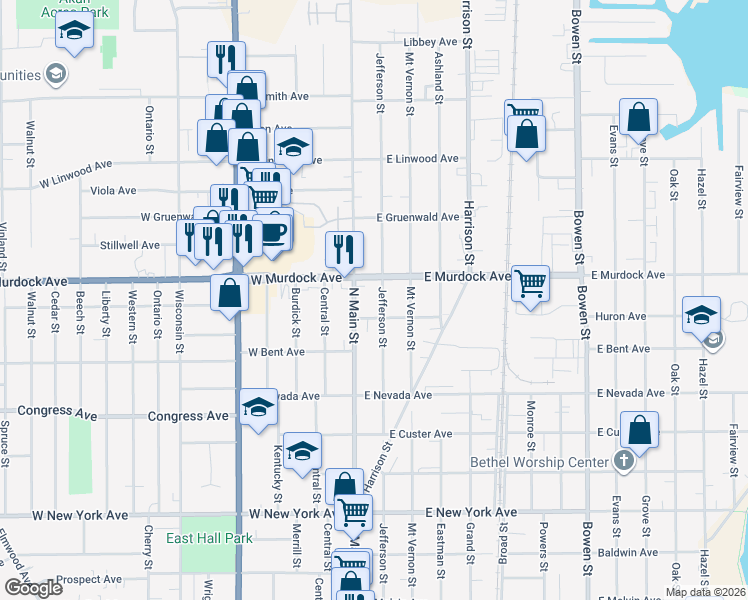 map of restaurants, bars, coffee shops, grocery stores, and more near 1728 Jefferson Street in Oshkosh