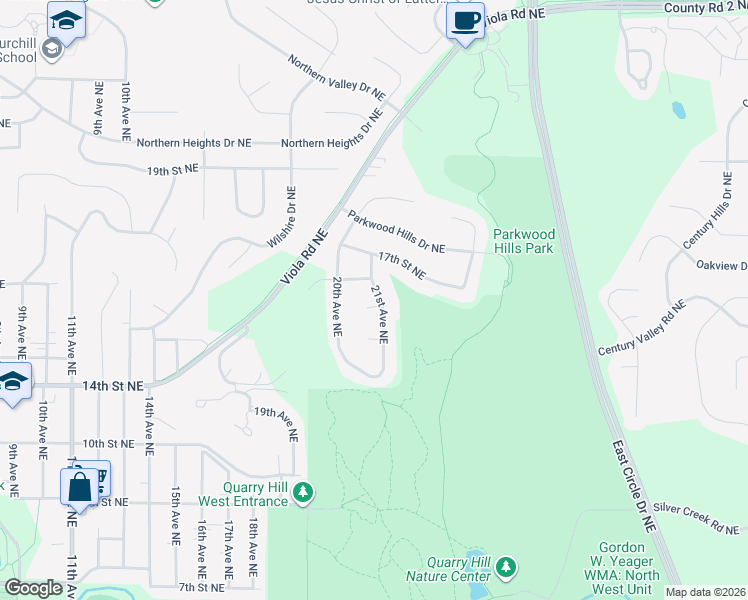 map of restaurants, bars, coffee shops, grocery stores, and more near 2017 15th Street Northeast in Rochester