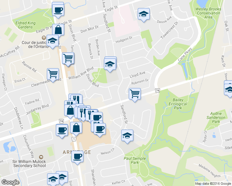 map of restaurants, bars, coffee shops, grocery stores, and more near 516 Sandford Street in Newmarket
