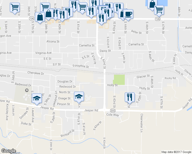 map of restaurants, bars, coffee shops, grocery stores, and more near 4154 Glacier View Drive in Springfield