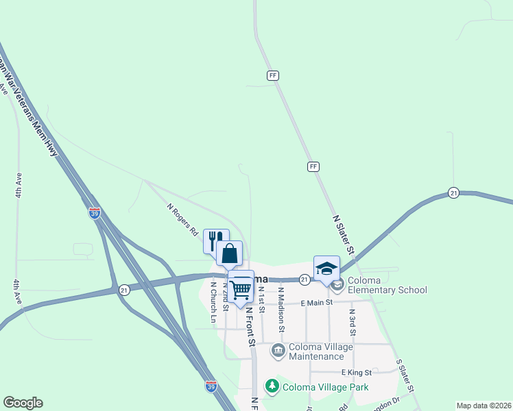 map of restaurants, bars, coffee shops, grocery stores, and more near 442 Semrow Road in Coloma
