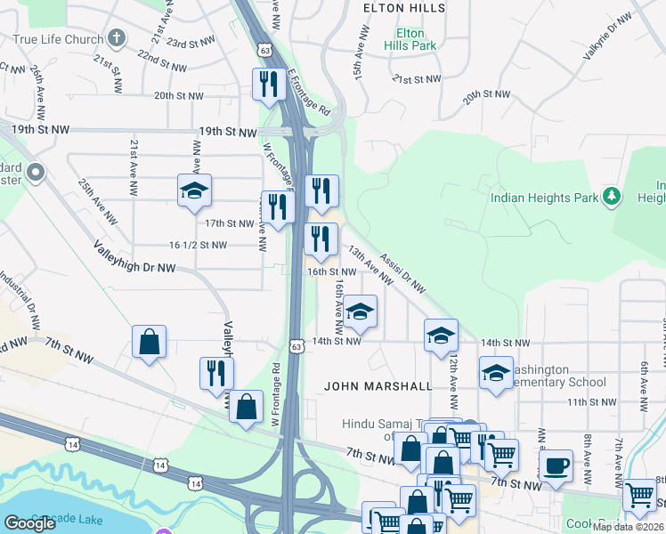 map of restaurants, bars, coffee shops, grocery stores, and more near 1526 16th Street Northwest in Rochester