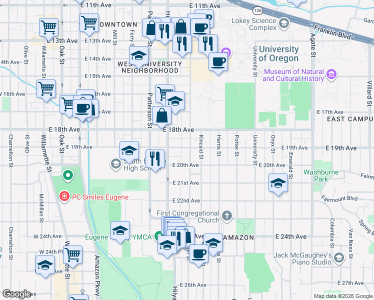 map of restaurants, bars, coffee shops, grocery stores, and more near 1908 Alder Street in Eugene