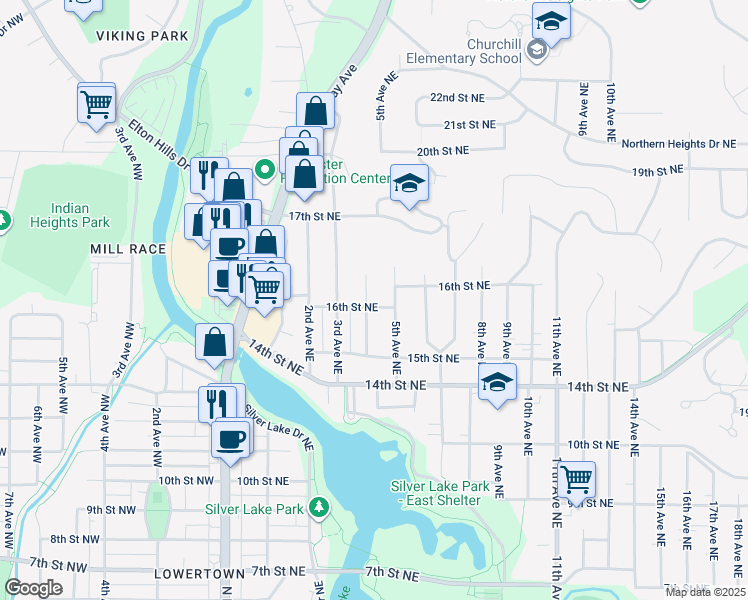 map of restaurants, bars, coffee shops, grocery stores, and more near 401 16th Street Northeast in Rochester
