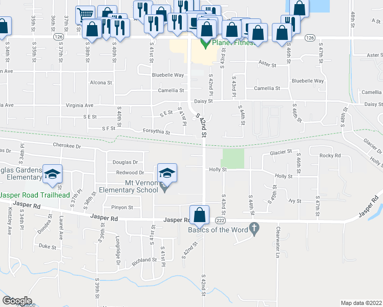 map of restaurants, bars, coffee shops, grocery stores, and more near 4168 Glacier View Drive in Springfield