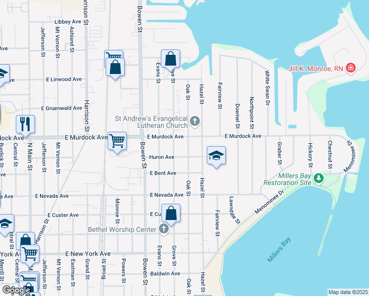 map of restaurants, bars, coffee shops, grocery stores, and more near 1717 Oak Street in Oshkosh
