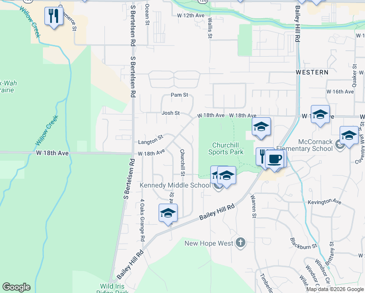 map of restaurants, bars, coffee shops, grocery stores, and more near 1885 Churchill Street in Eugene