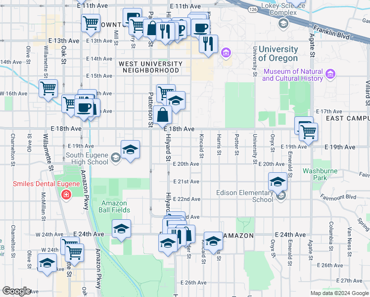 map of restaurants, bars, coffee shops, grocery stores, and more near 772 East 19th Avenue in Eugene