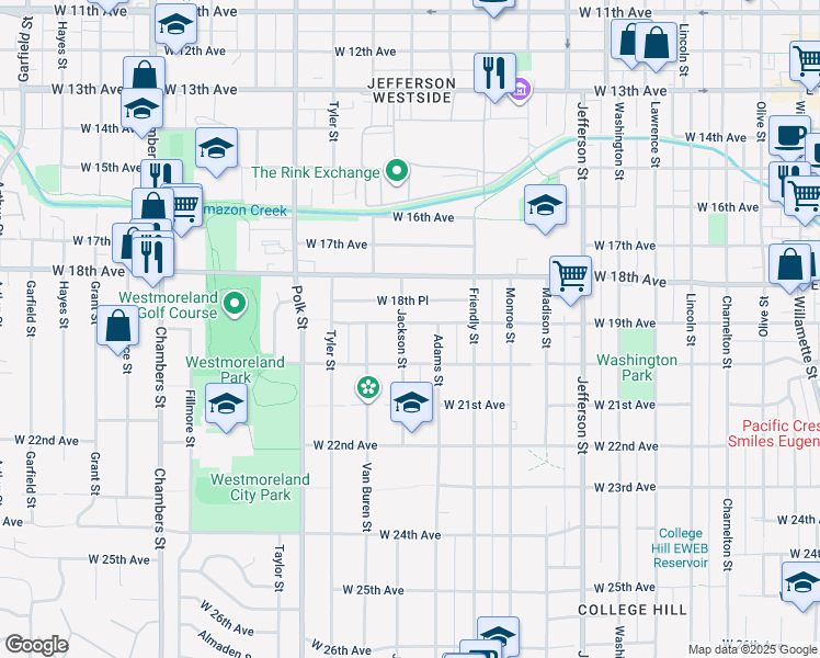 map of restaurants, bars, coffee shops, grocery stores, and more near 1901 Jackson Street in Eugene