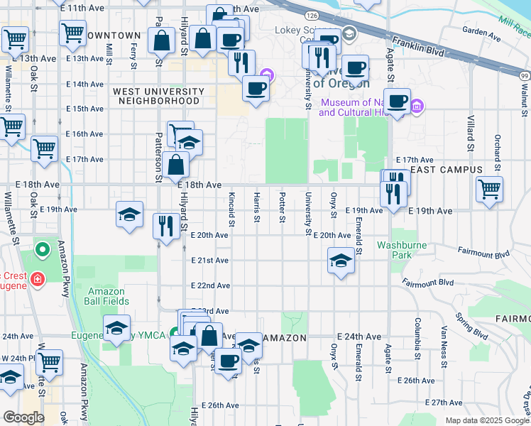 map of restaurants, bars, coffee shops, grocery stores, and more near 1938 Potter Street in Eugene