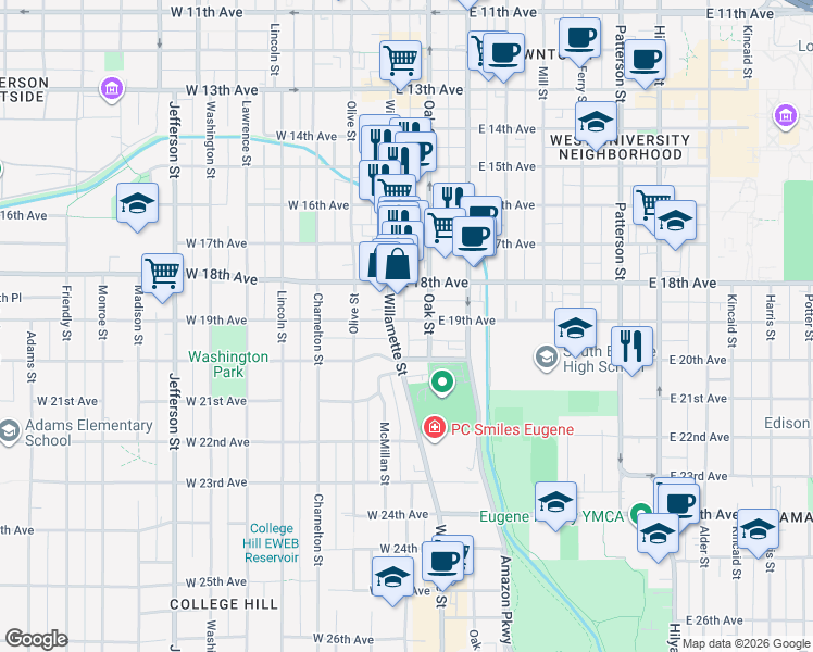 map of restaurants, bars, coffee shops, grocery stores, and more near 1940 Oak Street in Eugene