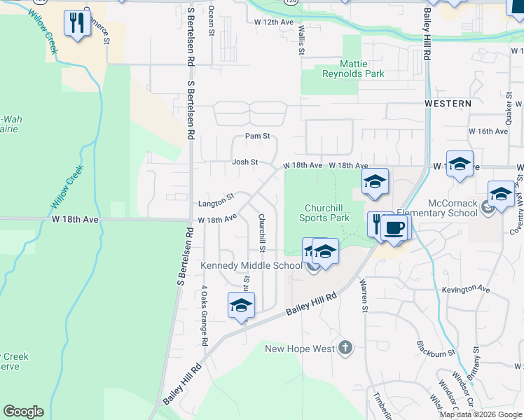 map of restaurants, bars, coffee shops, grocery stores, and more near 1885 Churchill Street in Eugene