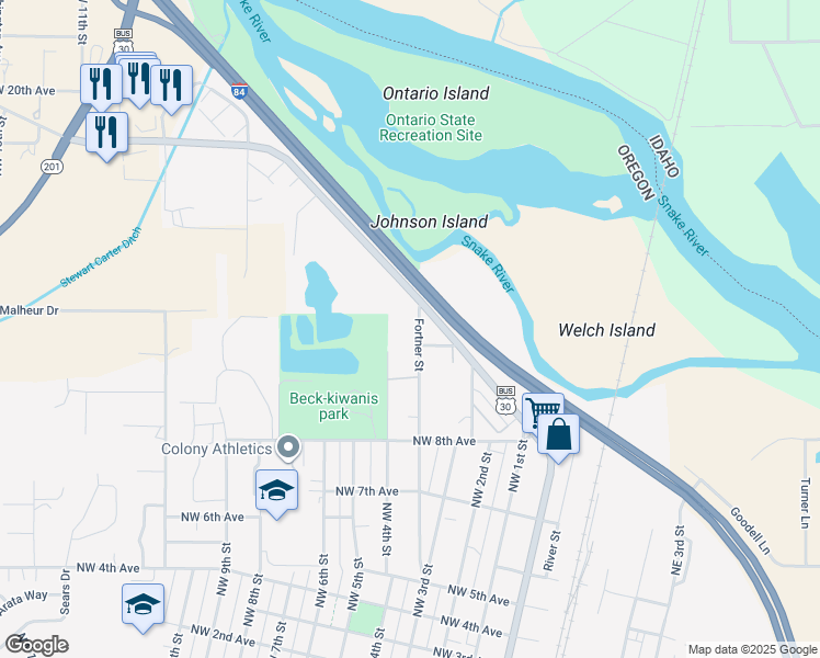 map of restaurants, bars, coffee shops, grocery stores, and more near 389 Northwest 11th Avenue in Ontario