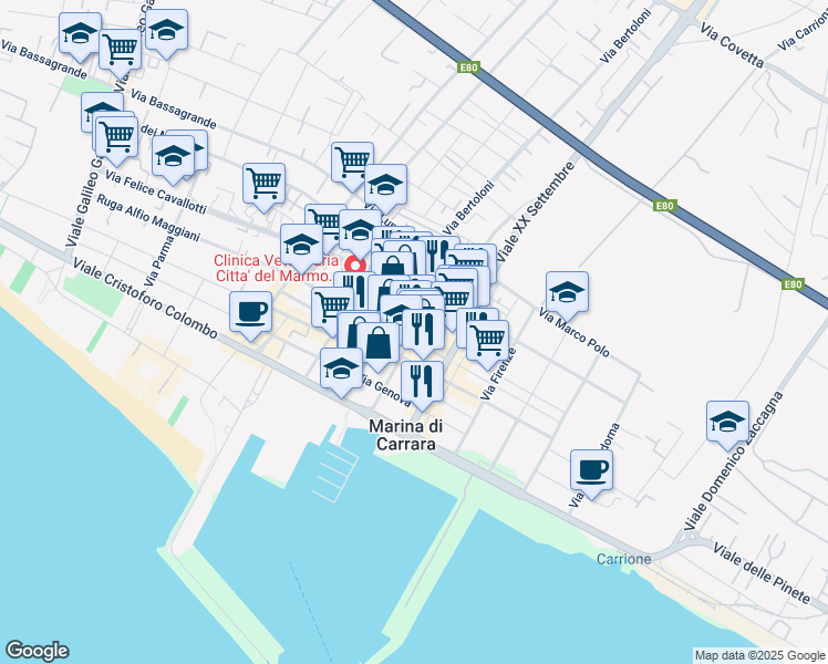 map of restaurants, bars, coffee shops, grocery stores, and more near 69A Via Alfio Maggiani Ruga in Carrara