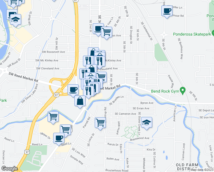 map of restaurants, bars, coffee shops, grocery stores, and more near 1071 Southeast Leonel Lane in Bend