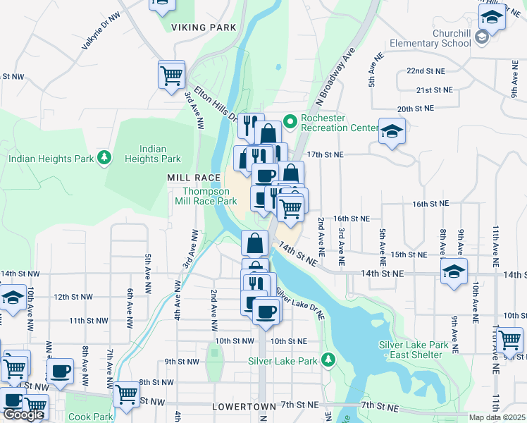 map of restaurants, bars, coffee shops, grocery stores, and more near 1401 North Broadway Avenue in Rochester