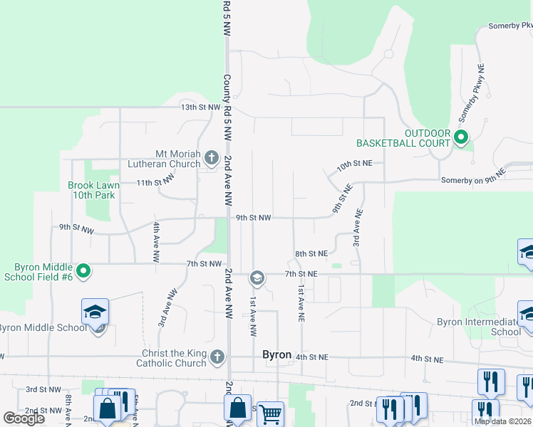 map of restaurants, bars, coffee shops, grocery stores, and more near 14 9th Street Northwest in Byron