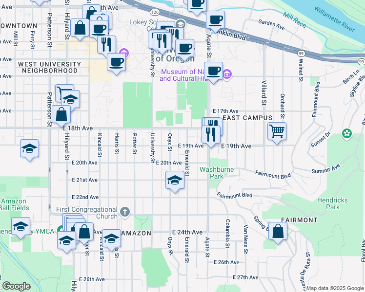 map of restaurants, bars, coffee shops, grocery stores, and more near 1942 Emerald Street in Eugene