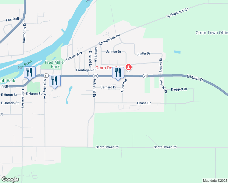 map of restaurants, bars, coffee shops, grocery stores, and more near 1652 Barnard Drive in Omro