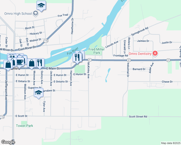 map of restaurants, bars, coffee shops, grocery stores, and more near 180 McKinley Avenue in Omro