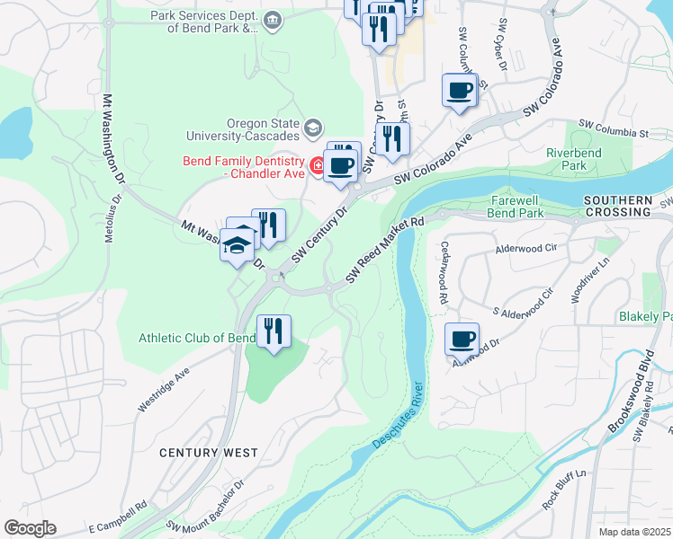 map of restaurants, bars, coffee shops, grocery stores, and more near 1080 Southwest Mount Bachelor Drive in Bend